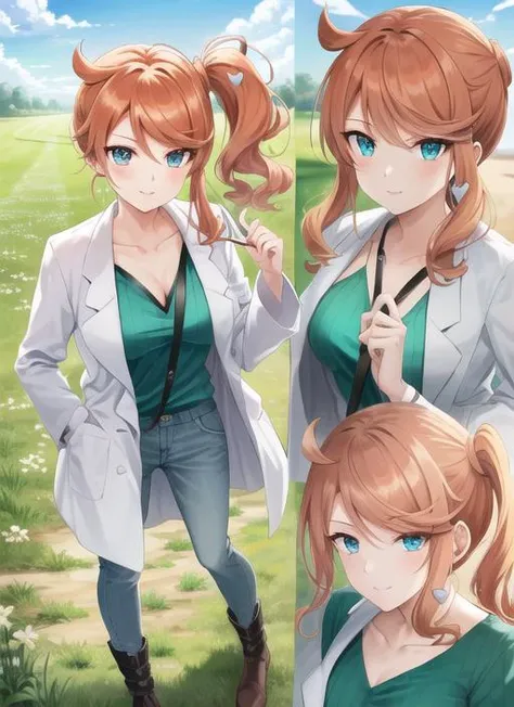 ((best quality)), ((highly detailed)), masterpiece, (detailed eyes, deep eyes), (1girl), full body, <lora:pokemon_sonia:1>, sonia, orange hair, side ponytail, heart hair ornament, aqua eyes, eyewear on head, smile, aqua shirt, ribbed shirt, collarbone, lab coat, pants, boots, outside, in a field