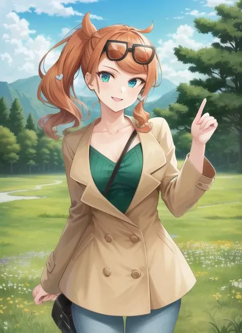 ((best quality)), ((highly detailed)), masterpiece, detailed face, beautiful face, (detailed eyes, deep eyes), (1girl), cowboy shot, <lora:pokemon_sonia:1>, sonia, orange hair, side ponytail, heart hair ornament, aqua eyes, eyewear on head, smile, aqua shirt, ribbed shirt, collarbone, brown trench coat, pants, boots, outside, in a field