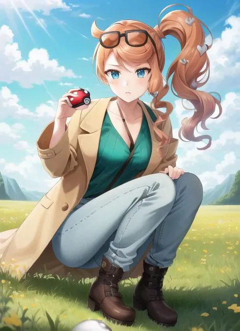 ((best quality)), ((highly detailed)), masterpiece, (detailed eyes, deep eyes), (1girl),  full body, <lora:pokemon_sonia:1>, sonia, orange hair, side ponytail, heart hair ornament, aqua eyes, eyewear on head, aqua shirt, ribbed shirt, collarbone, brown trench coat, pants, boots, holding a pokeball, outside, in a field