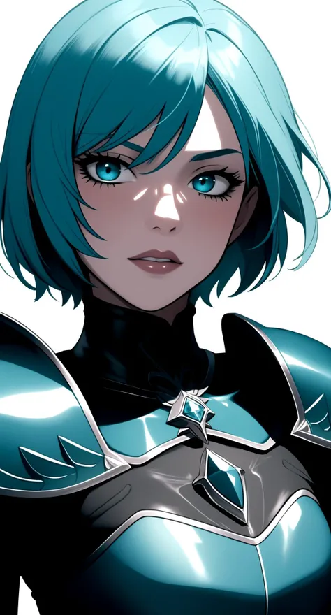centered, upper body, award winning upper body portrait, (upper body:1.2), (detailed face), (beautiful detailed eyes:1.2), | solo, woman, short hair, aqua hair color, light blue eyes, (black leather armor), | symetrical and detailed armor, | (dark fantasy) celtic castle, dark vibe, | depht of field, | dark atmosphere, | hyperealistic shadows, smooth detailed, |