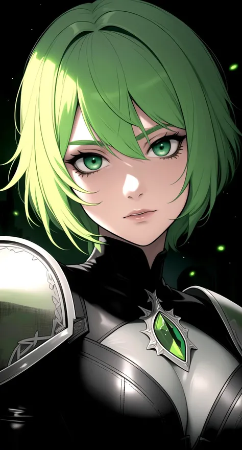 centered, upper body, award winning upper body portrait, (upper body:1.2), (detailed face), (beautiful detailed eyes:1.2), | solo, woman, green hair color, light green eyes, (black leather armor), | symetrical and detailed armor, | (dark fantasy) celtic castle, dark vibe, | depht of field, | dark atmosphere, | hyperealistic shadows, smooth detailed, |