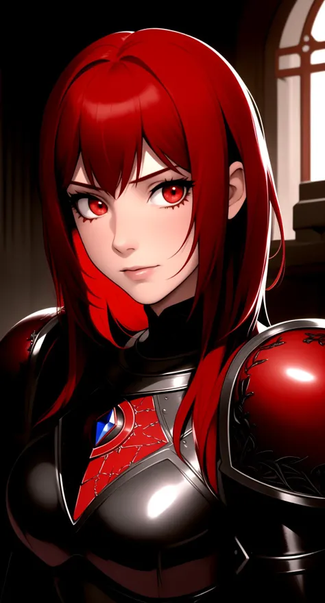 centered, upper body, award winning upper body portrait, (upper body:1.2), (detailed face), (beautiful detailed eyes:1.2), | solo, woman, crimson hair color, light red eyes, (black leather armor), | symetrical and detailed armor, | (dark fantasy) celtic castle, dark vibe, | depht of field, | dark atmosphere, | hyperealistic shadows, smooth detailed, |