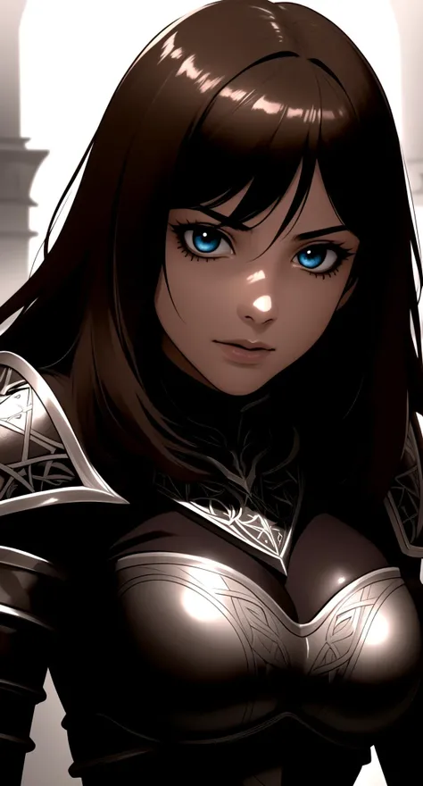 centered, upper body, award winning upper body portrait, (upper body:1.2), (detailed face), (beautiful detailed eyes:1.2), | solo, woman, dark brown hair color, light brown eyes, (black leather armor), | symetrical and detailed armor, | (dark fantasy) celtic castle, dark vibe, | depht of field, | dark atmosphere, | hyperealistic shadows, smooth detailed, |