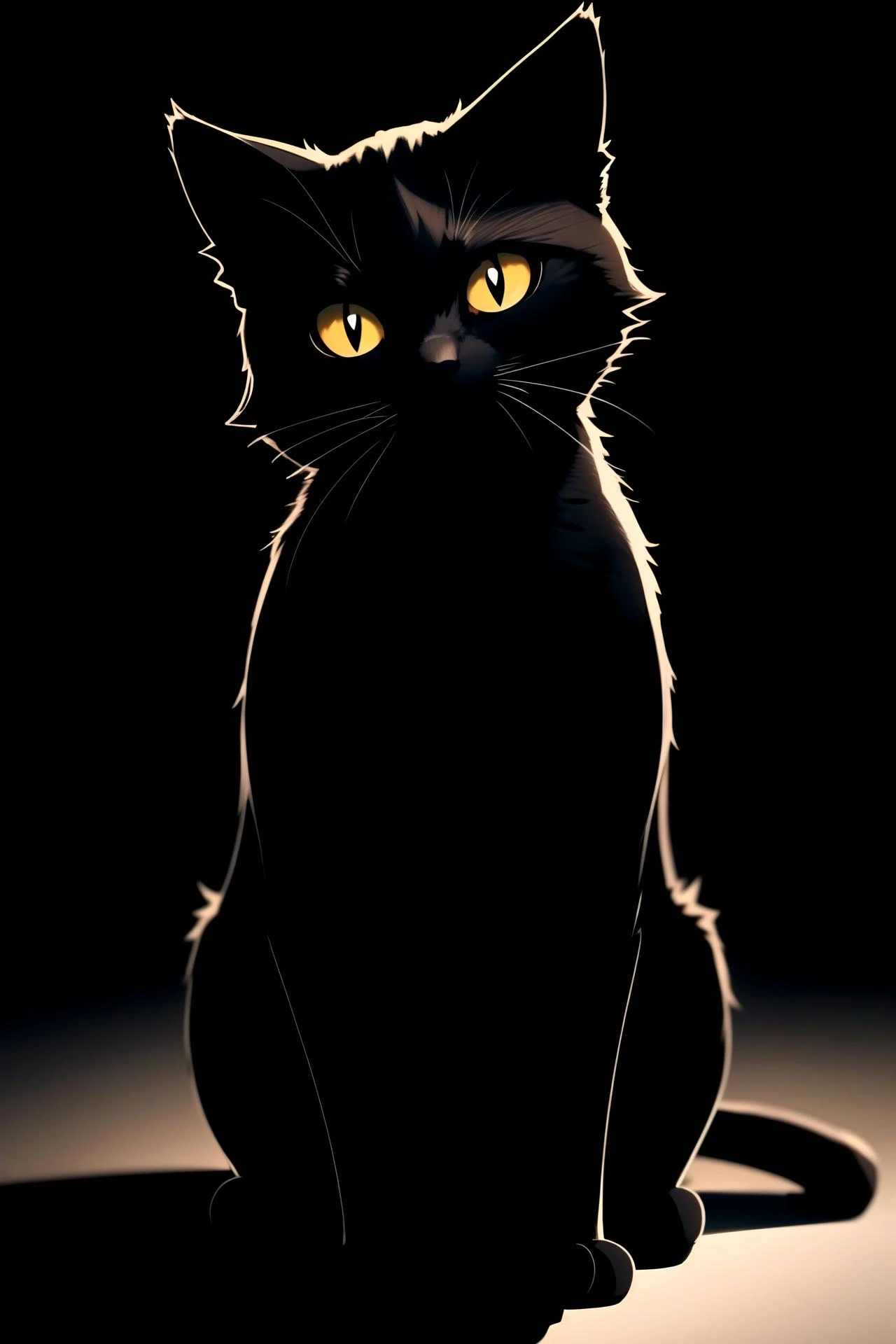 centered, black cat sitting, black background, simple background, | depth of field, bokeh, | smooth detailed shadows, hyperealistic shadows, (saturated colors:1.2) |
