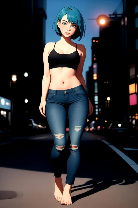 centered, award winning full body shot portrait, full body, (hyperealistic), (beautiful detailed eyes), (gorgeous woman face), | solo, 1girl, short hair, aqua hair color, dark blue eyes color, | (black crop top, lowleg denim jeans, barefoot, (small breasts:1.2), | sunset, city, tokyo, buildings, city lights, | depth of field, bokeh, | smooth detailed shadows, hyperealistic shadows, (saturated colors:1.2) |