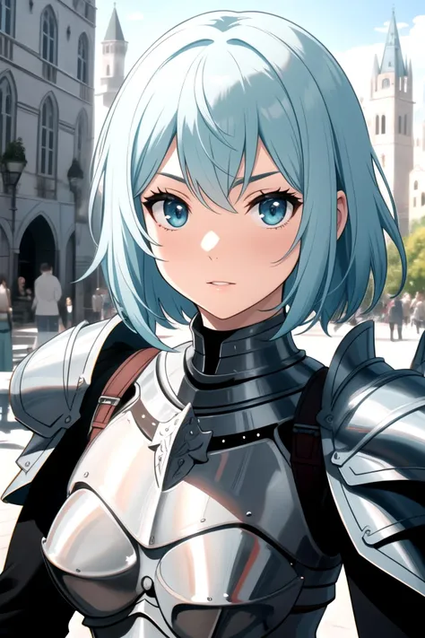 centered, upper body, award winning upper body portrait, (detailed face), (beautiful detailed eyes:1.2), | solo, knight woman, short hair, aqua hair color, light blue eyes, (black knight tight armor), symetrical and detailed armor, | fantasy town, medieval, european street, | bokeh, depht of field, | hyperealistic shadows, smooth detailed, blurred background,, <lora::0.5>