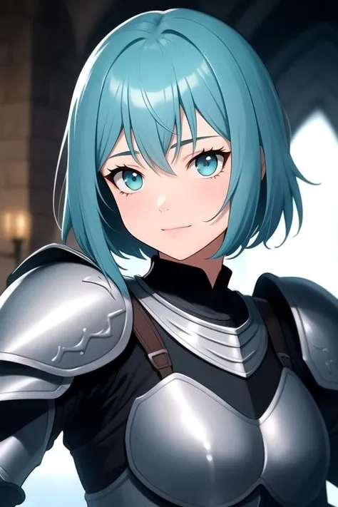 centered, upper body, award winning upper body portrait, (detailed face), (beautiful detailed eyes:1.2), | solo, knight woman, short hair, aqua hair color, light blue eyes, (black knight tight armor), symetrical and detailed armor, | fantasy town, medieval, european street, | bokeh, depht of field, | hyperealistic shadows, smooth detailed, blurred background,, <lora::0.5>