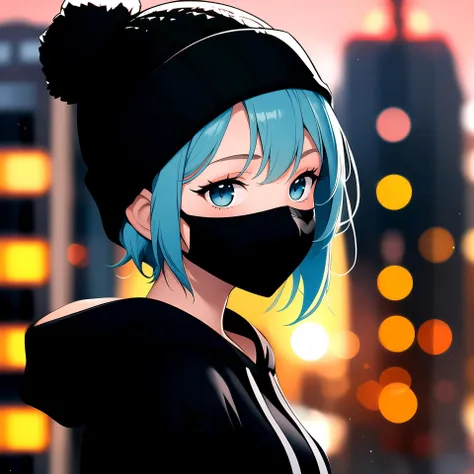 centered, masterpiece, face portrait, | 1girl, solo, aqua hair color, short hairstyle, light blue eyes, | (black mouth mask:1.2), (black beanie:1.2), dark blue hoodie, | city lights, sunset, buildings, urban scenery, | bokeh, depth of field,