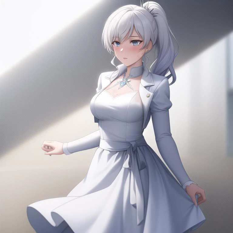 masterpiece, highres, solo, best quality, 1girl, (scar on left eye), WeissSchneeS1, white cropped jacket, white dress with long sleeves, white side ponytail