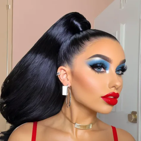 photo,((1 girl)),(((<lora:Super_highhigh_ponytail_hair:1>,super high ponytail,high ponytail,black hair roots,top ponytail,segmented ponytail,big hair band,sidebangs with earring,))),((nsfw)),extremely sexy,fakelips,cleavage,(8k UHD),<lora:fakelips_1:1>,fur fetish (narrow eyes),<lora:BimboMakeup_v1:0.8>,makeup,glossy red lipstick,