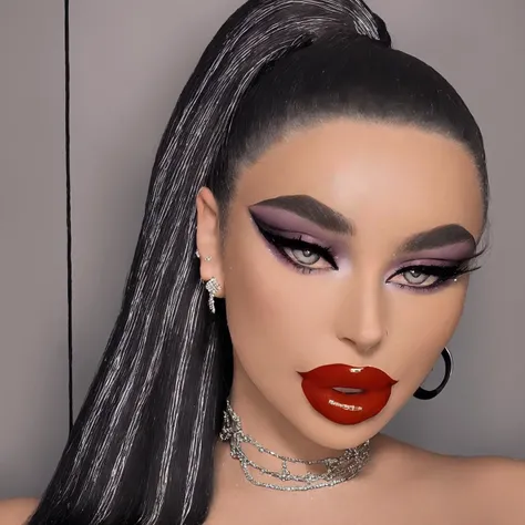 photo,((1 girl)),<lora:Super_highhigh_ponytail_hair:0.8>,super high ponytail,high ponytail,black hair roots,top ponytail,segmented ponytail,big hairbands,<lora:sidebangs-hairstyle-plus-earring:0.8>, SIBear,sidebangs hairstyle with earring,(((nsfw))),extremely sexy,fakelips,cleavage,(8k UHD),<lora:fakelips_1:1>,fur fetish (narrow eyes),<lora:BimboMakeup_v1:0.8>,makeup,glossy red lipstick,