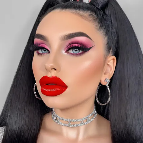 photo,((1 girl)),<lora:Super_highhigh_ponytail_hair:0.8>,super high ponytail,high ponytail,black hair roots,top ponytail,segmented ponytail,big hair band,sidebangs with earring,(((nsfw))),extremely sexy,fakelips,cleavage,(8k UHD),<lora:fakelips_1:1>,fur fetish (narrow eyes),<lora:BimboMakeup_v1:0.8>,makeup,glossy red lipstick,