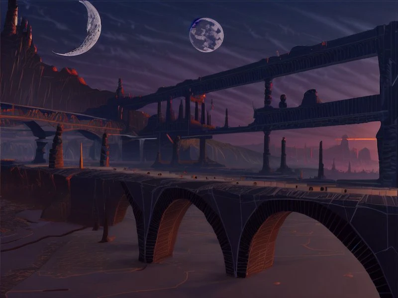 sunset moon, (bridge), landscape in p1xanotherworld style <lora:add_detail:1>