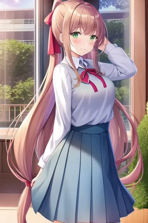 monikaddlc, 1girl, green eyes, sweater school uniform, long hair, solo, brown hair, classroom, smile, ponytail, blue skirt, looking at viewer, red ribbon, indoors, blush, very long hair, desk, black thighhighs, pleated skirt, chalkboard, window, hair ribbon, walking