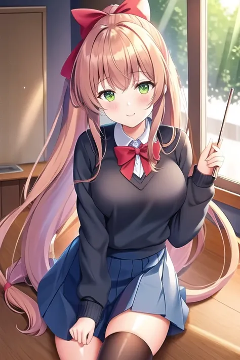 monikaddlc, 1girl, green eyes, sweater school uniform, long hair, solo, brown hair, classroom, smile, ponytail, blue skirt, looking at viewer, red ribbon, indoors, blush, very long hair, desk, black thighhighs, pleated skirt, chalkboard, window, hair ribbon,