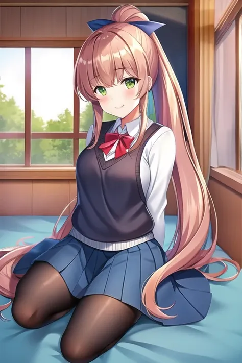 monikaddlc, 1girl, green eyes, sweater school uniform, long hair, solo, brown hair, classroom, smile, ponytail, blue skirt, looking at viewer, red ribbon, indoors, blush, very long hair, desk, black thighhighs, pleated skirt, chalkboard, window, hair ribbon, lay on bed