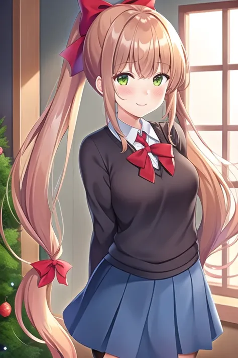 monikaddlc, 1girl, green eyes, sweater school uniform, long hair, solo, brown hair, classroom, smile, ponytail, blue skirt, looking at viewer, red ribbon, indoors, blush, very long hair, desk, black thighhighs, pleated skirt, chalkboard, window, hair ribbon, walking