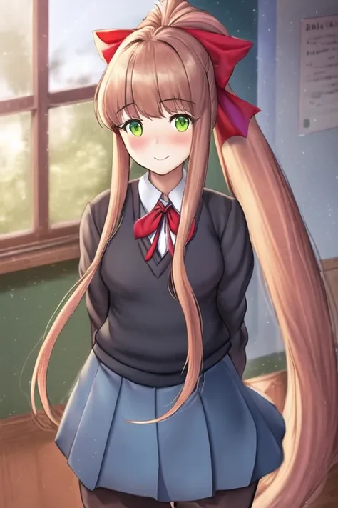 monikaddlc, 1girl, green eyes, sweater school uniform, long hair, solo, brown hair, classroom, smile, ponytail, blue skirt, looking at viewer, red ribbon, indoors, blush, very long hair, desk, black thighhighs, pleated skirt, chalkboard, window, hair ribbon