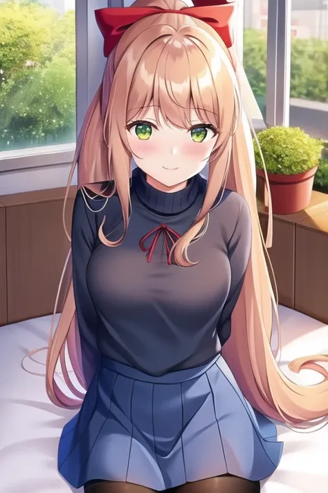 monikaddlc, 1girl, green eyes, sweater school uniform, long hair, solo, brown hair, classroom, smile, ponytail, blue skirt, looking at viewer, red ribbon, indoors, blush, very long hair, desk, black thighhighs, pleated skirt, chalkboard, window, hair ribbon, lay on bed