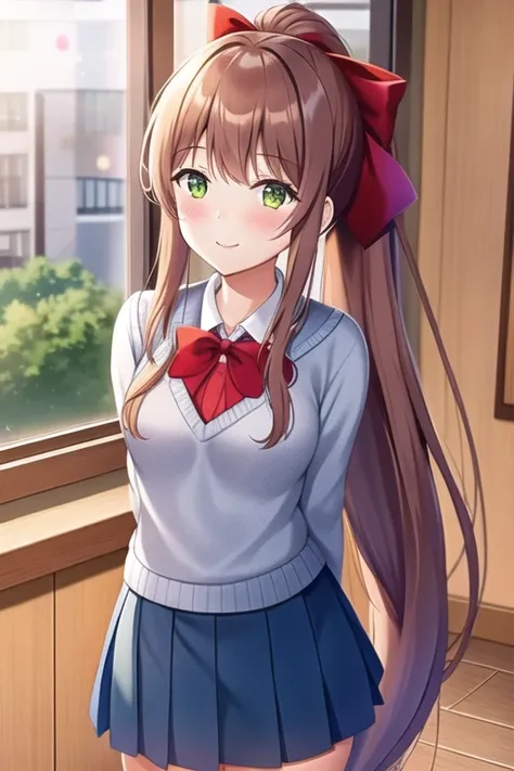 monikaddlc, 1girl, green eyes, sweater school uniform, long hair, solo, brown hair, classroom, smile, ponytail, blue skirt, looking at viewer, red ribbon, indoors, blush, very long hair, desk, black thighhighs, pleated skirt, chalkboard, window, hair ribbon,