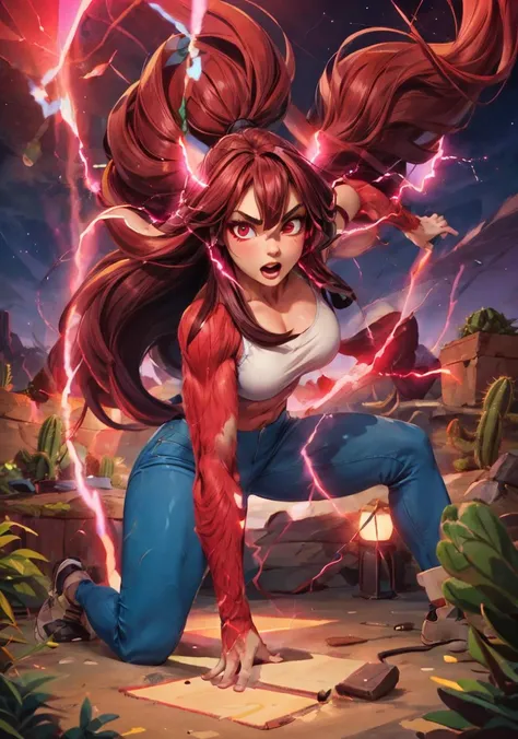 <lora:SSJ4_V1_Beta - Keichi Sensei:0.8> rays, ssj4_girl, energy rays, blue pants, 1 girl, strong, muscles, dynamic pose, very long hair,red furr,  floating hair, shouting, powerfull, desert, by night, cactus, alien sky, light reverberation, violet, realistic, high details, masterpiece, <lora:add_detail:1.3>, (masterpiece:1.3), best quality,