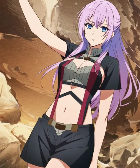 1girl, solo, <lora:ShikimoriMicchon-000020-v5:0.8>, shikimoriMicchon, <lora:EnamiKatsumi-000008:0.85>, enamikatsumistyle, highres, hdr, (((best quality, masterpiece))), ultra detailed illustration, extremely detailed face, adventurer clothes, navel, shorts, cowboy shot