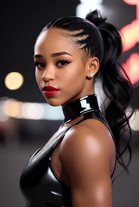 raw photo of (BiBECR01:0.99), ((black waist-long ponytail)), ((wearing long black ponytail on her chest: 1.2)), (red lipstick:1.3),a woman, RAW, close portrait photo, long brown coat, long haircut, dark skin, slim body, (high detailed skin:1.2) ((extreme closeup:1.2)), dim lighting, detailed background, starlight, streetlights, detailed clothes, skinny, shiny glossy skin, subsurface scattering, glitter, Nikon D850 film stock photograph Kodak Portra 400 camera f1.6 lens, rich colors, lifelike texture, dramatic lighting, unreal engine, trending on ArtStation, cinestill 800 tungsten, dimly lit, two tone lighting,  <lora:epiNoiseoffset_v2:1.2>