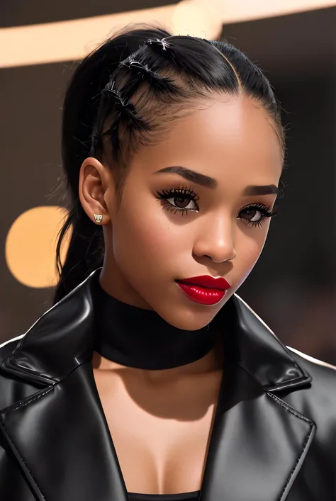 raw photo of (BiBECR01:0.99), ((black waist-long ponytail)), ((wearing long black ponytail on her chest: 1.2)), (red lipstick:1.3),a woman, RAW, close portrait photo, long brown coat, long haircut, dark skin, slim body, (high detailed skin:1.2) ((extreme closeup:1.2)), dim lighting, detailed background, starlight, streetlights, detailed clothes, skinny, shiny glossy skin, subsurface scattering, glitter, Nikon D850 film stock photograph Kodak Portra 400 camera f1.6 lens, rich colors, lifelike texture, dramatic lighting, unreal engine, trending on ArtStation, cinestill 800 tungsten, dimly lit, two tone lighting, <lora:epiNoiseoffset_v2:1.2>