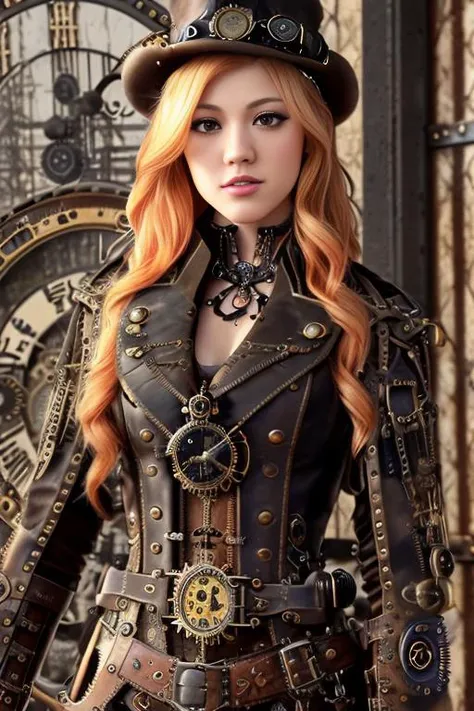 photo of katmcnam  , (front to camera), detailed european face, (aspiring facial expression), (((steampunk style clothes))), ((steampunk city on the background)), RAW, analog style, ultra detailed photograph, cinematic lighting, artstation, 4k, sharp focus, high resolution, detailed skin, detailed eyes