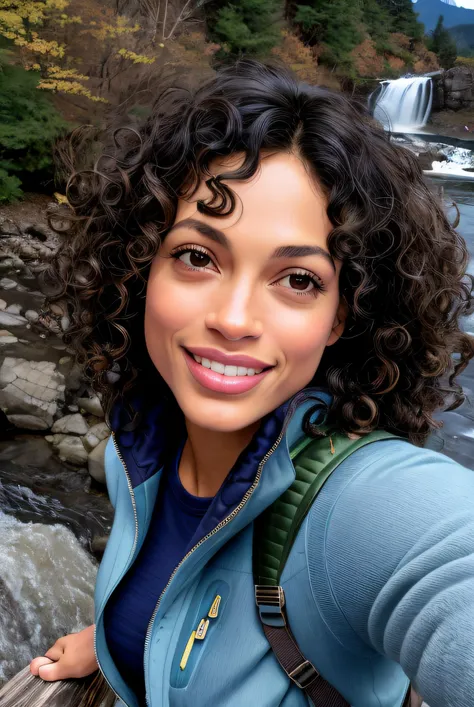 ((selfie)) photo of (r0sd4wn-1325:0.99) with curly hair, smiling, outdoors, mountains, wearing a backpack, sweater, and hiking jacket, rocks, (waterfall), river, wood, analog style (look at viewer:1.2) (skin texture), close up, cinematic light, sidelighting, Fujiflim XT3, DSLR, 50mm, <lora:add_detail:0.4>, <lora:LowRA:0.5>