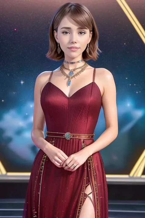 photo of catplantasmr , a woman as a movie star, modelshoot style, (extremely detailed CG unity 8k wallpaper), Intricate, High Detail, Sharp focus, dramatic,photorealistic painting art by midjourney and greg rutkowski , (waist chain), ((movie premiere gala)), ((standing on the red carpet)), ((paparazzi in the background)), (looking at viewer), (detailed pupils:1.2), (elegant calico dress:1.3)