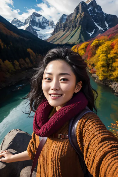 ((selfie)) photo of MeiyuCipher, smiling, outdoors, mountains, wearing a backpack, sweater, and hiking jacket, rocks, river, wood, analog style (look at viewer:1.2) (skin texture), close up, cinematic light, sidelighting, Fujiflim XT3, DSLR, 50mm <lora:add_detail:0.4> <lora:LowRA:0.5>