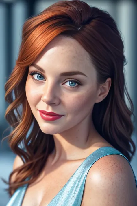 cliorecinelli a woman in a (((silver and blue))) dress standing on a rooftop, Masterpiece, high quality, 4K, beautiful design, red hair, red lips , from the front, award winning photo, extremely detailed, amazing, fine detail, absurdres, highly detailed , extremely detailed eyes and face, by lee jeffries nikon d850 film stock photograph 4 kodak portra 400 camera f1.6 lens rich colors hyper realistic lifelike texture dramatic lighting unrealengine trending on artstation cinestill 800 tungsten, 1girl, solo, expressive look, (smiling seductively,puffy lips,) HDR, highest quality, sexy dress, sharp focus, looking at viewer, facing viewer, 4k,emerald green eyes beautifully detailed,
