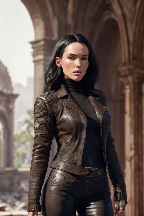 photo of S086_KaylaLauren, a beautiful woman, in a (ruin-city:1.2), wearing a (leather-jacket:1.2) and (military-pants:1.15), (8k, RAW photo, best quality, DOF, ultra high res:1.2), (absurdres, intricate, photorealistic, masterpiece, ultra-detailed, Unreal Engine:1.3)
