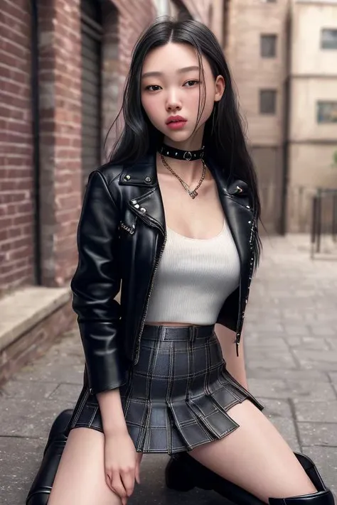 ((realism)), lips, detailed background, 1girl, yoonyoungbae kneeling in a dark alley, wearing a leather jacket, (plaid skirt), leather boots, studded choker, black hair, (soft smile), looking at viewer, wide hips