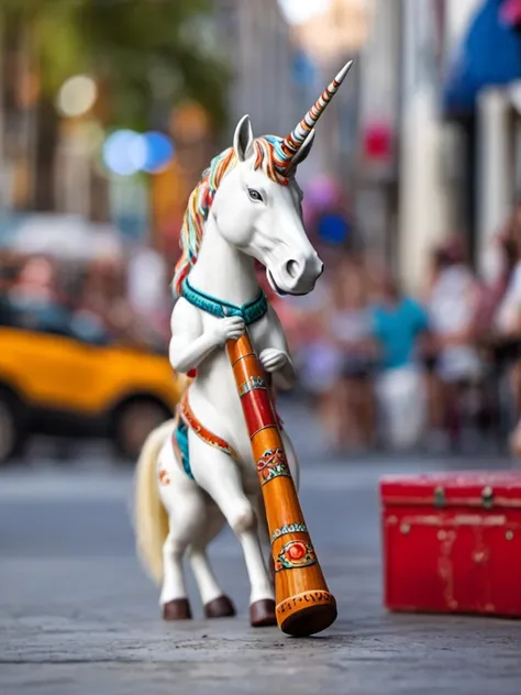 Tilt-shift photo of a unicorn busking with an aboriginal didgeridoo, hollywood, city streets, comedy, social comment, satire, satirical, <lora:didgeredoo:0.4> . Selective focus, miniature effect, blurred background, highly detailed, vibrant, perspective control