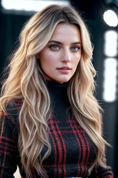 beautiful woman (EPL1nds4yBr3w3r:.99), perfect hair, (wearing makeup), ((portrait)), (closeup:1.2), ((from the waist up)), (((  A modern, state-of-the-art television broadcasting studio, featuring a live news broadcast :1.2 ))), natural skin texture,  ((  Plaid tunic and leggings :1.2)), (( with Embroidered Belt  1.1)), 24mm, 4k textures, soft cinematic light, adobe lightroom, photolab, hdr, intricate, elegant, highly detailed, sharp focus, ((((cinematic look)))), soothing tones, insane details, intricate details, hyperdetailed, low contrast, soft cinematic light, exposure blend, hdr, faded, now, ("I've got a bad feeling about this.":1.1)