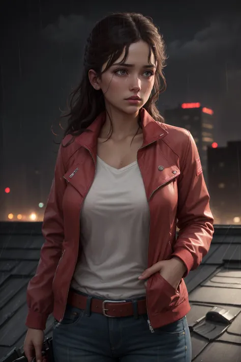 highres, masterpiece, perfect lighting, bloom, cinematic lighting, night, adult, female, upper body, looking at viewer, (RSEEmma:1), worried, sad, brown eyes, <lora:RSERomantic_RSESofiko_RSEEmma-v1:0.3>, <lora:zoeyl4d1:1.1>, (zoey:1.08), jacket, (red jacket:1.1), white shirt, brown hair, denim, belt, pants, clothes lift, realistic, (night:1.2), (rooftop:1.2), city, skyscrapper, skyline, handgun, (rain:1.3), tunderstorm, lightning, wet, wet clothes, see-through, dof, depth of field, (dark:1.2),