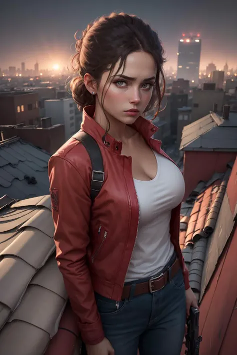 masterpiece, highres, best quality, perfect lighting, cinematic lighting, female, 8k, photography, raw, instagram, <lora:zoeyl4d1:1>, 1girl, zoey, red jacket, brown hair, sad, worried, hair, portrait, white shirt, brown eyes, belt, looking at viewer, alley, (holding weapon:1.1), rifle, landscape, (skyscrapper:1.05), (rooftop:1.3), building, (night:1.1),  fully body, (cleavage:0.5),