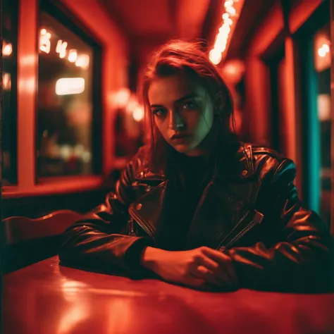 velumia close up straight-on portrait at a table in a cafe punk girl  at night, cinematic, professional photo, very detailed red light <lora:velumia:1>