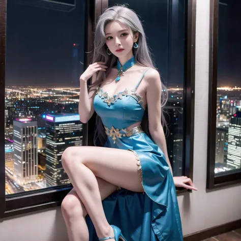 (8k, RAW photo, best quality, masterpiece:1.2), (((1girl, solo))), ((perfect eyes)), detailed face, detailed skin, (aqua eyes), ((gray hair)), long hair, (hair ornament, earrings, necklace), portrait, (blue dress:1.3), revealing clothes, (looking at viewer), looking at camera, (black pantyhose, thighhighs), crossed legs, (sliver high heels:1.5), window, city, street, night, hotel, skyscraper, skyline, view, <lora:shojovibe_v11:0.5>, <lora:fashionGirl_v47:0.5>, <lora:seraphineee_v10:0.4>, <lora:goutouLora_v20:0.3>
