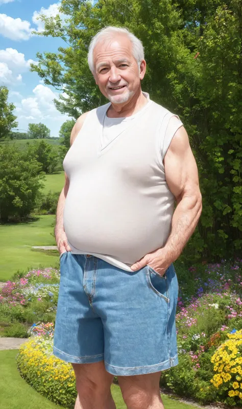 (masterpiece, best quality:1.2), (RAW photo, realistic, photorealistic:1.3), (8K, highres, ultra detailed:1.2), 1man, 75 y.o., short hair, (plump:1.2), white vest, light blue denim shorts, smiling, full body, standing, looking at viewer, garden,