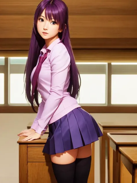 ((masterpiece, best quality)), ultra-detailed, highres, colorful, intricate detail, ray tracing, Depth of field, (realistic, photo-realistic:1.37), best quality, fine detailed, highres, colorful, intricate detail, ray tracing, Depth of field, beautiful detailed eyes, detail hair, hand by guido daniele, ((masterpiece, best quality)),(detailed skin), ((detailed facial features)), fine detailed, highres, colorful, intricate detail, (sharp outline), cinematic shadows, ultra realistic 8k cg, unparalleled masterpiece, absurdres, extraordinary, incredible, exquisite, sensational, perfect artwork, perfect female figure, perfect anatomy, ultra anatomy, full-body shot, wide shot , angled shot from the side ,
1girl, senjougahara hitagi, <lora:senjougaharaHitagi_v10:0.6>, an extremely beautiful -yeld gi perfect shiny skin, flawless skin, fair skin, medium breasts, thighhighs, skirt, long hair, naoetsu high school uniform, blue eyes, juliet sleeves, school uniform, purple hair, shirt, zettai ryouiki, medium breasts, very long hair, purple skirt, miniskirt,, light blush, solo, looking at viewer,
gravure pose,
twilight ,
at classroom ,
(crowds background:1.2),