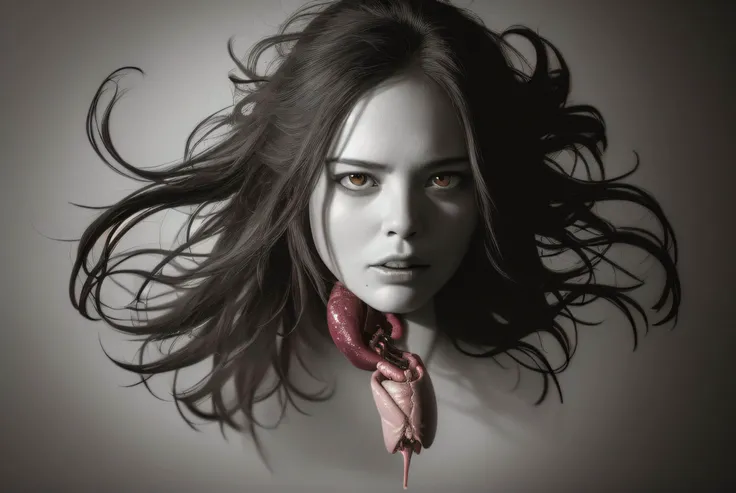 ((Best quality)), ((masterpiece)), ((realistic)), ((beautiful female face)), portrait of a krasue in pursuit. The krasue, a mythical creature from Southeast Asian folklore, is depicted in a thrilling chase with captivating realism. The detail and intricacy of the krasue's appearance, with its floating head and entrails, are strikingly rendered, creating a sense of otherworldly beauty and terror. The composition is dynamic, with the krasue shown in mid-flight, her long hair and organs flowing behind her as she hunts her prey. The use of lighting and shadow adds depth and dimension to the scene, enhancing the sense of movement and urgency in the chase. The surrounding environment is carefully crafted, with a sense of mystery and foreboding. On eye level, scenic, masterpiece. <lora:thaiKrasueCurse_v01:1>