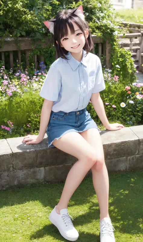 (masterpiece), cat girl, Light blue denim skirt, A white shirt with short sleeves, smiling, sitting, garden,