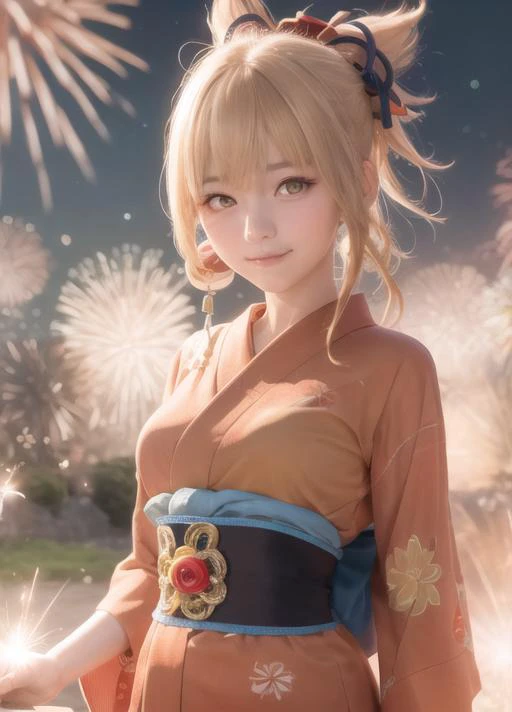 masterpiece, best quality, ultra-detailed, ultra highres, 8k resolution, realistic, colorful, falt color, depth of field, lens flare, (Front view), 1girl, 18 years old, smile, closed mouth, standing, Sparkler, night, Particle, fireworks, look at viewer, ((arm behind back)),upper body, dynamic angle
<lora:GenshenImpactYoimiya_10:0.8>, red yukata