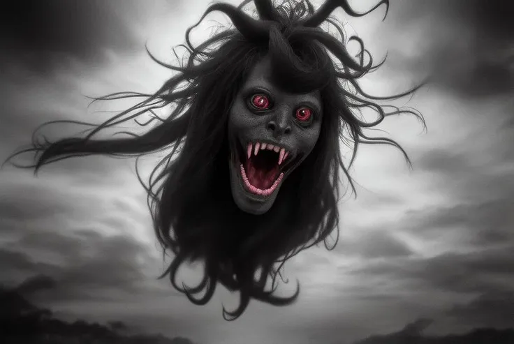 ((Best quality)), ((masterpiece)), ((realistic)), ((beautiful female face)), portrait of a krasue in pursuit. The krasue, a mythical creature from Southeast Asian folklore, is depicted in a thrilling chase with captivating realism. The detail and intricacy of the krasue's appearance, with its floating head and entrails, are strikingly rendered, creating a sense of otherworldly beauty and terror. The composition is dynamic, with the krasue shown in mid-flight, her long hair and organs flowing behind her as she hunts her prey. The use of lighting and shadow adds depth and dimension to the scene, enhancing the sense of movement and urgency in the chase. The surrounding environment is carefully crafted, with a sense of mystery and foreboding. On eye level, scenic, masterpiece. <lora:thaiKrasueCurse_v01:1>
