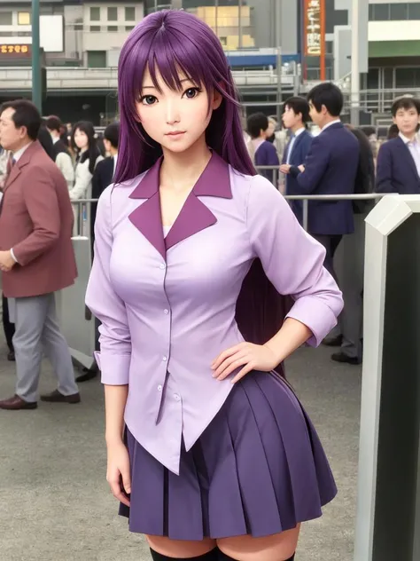 ((masterpiece, best quality)), ultra-detailed, highres, colorful, intricate detail, ray tracing, Depth of field, (realistic, photo-realistic:1.37), best quality, fine detailed, highres, colorful, intricate detail, ray tracing, Depth of field, beautiful detailed eyes, detail hair, hand by guido daniele, ((masterpiece, best quality)),(detailed skin), ((detailed facial features)), fine detailed, highres, colorful, intricate detail, (sharp outline), cinematic shadows, ultra realistic 8k cg, unparalleled masterpiece, absurdres, extraordinary, incredible, exquisite, sensational, perfect artwork, perfect female figure, perfect anatomy, ultra anatomy, medium shot , straight-on shot ,
1girl, senjougahara hitagi, <lora:senjougaharaHitagi_v10:0.6>, an extremely beautiful -yeld gi perfect shiny skin, flawless skin, fair skin, medium breasts, thighhighs, skirt, long hair, naoetsu high school uniform, blue eyes, juliet sleeves, school uniform, purple hair, shirt, zettai ryouiki, medium breasts, very long hair, purple skirt, miniskirt,, light blush, solo, looking at viewer,
gravure pose,
twilight ,
at train station in Japan ,
(crowds background:1.2),