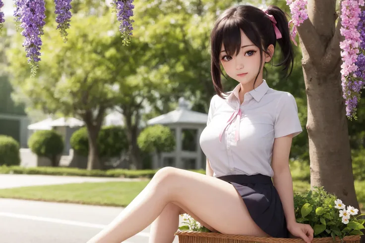 1 ,black_hair,side ponytail, branch, hanami, petals, tree, wisteria, skirt, blue_sky, hair_ribbon, shirt, in_tree, pleated_skirt, sitting, hair_between_eyes, bridge, picnic_basket, short_sleeves, park,shiny skin,masterpiece, best quality, depth of field,(realistic, photo-realistic:0.8),radiosity,blush,loli_big_brsts