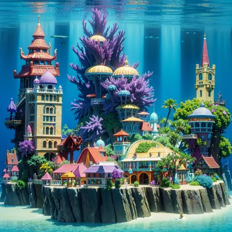 Submerged in the ocean's depths lies a mesmerizing underwater city seamlessly integrated into the opulent marine environment. The cityscape, adorned with glistening spires and intricate aquatic architecture, harmonizes with the vibrant, multicolored underwater world. Rich coral gardens and iridescent kelp forests serve as the backdrop, painting the scene in a spectrum of colorsâturquoise, coral pink, and amethyst. An array of sea creatures, from graceful seahorses to schools of vibrant tropical fish, navigate through the bustling underwater streets, breathing life into this extraordinary and enchanting aquatic metropolis, masterpiece, award winning art <lora:Z_ghibli_style_offset:1>